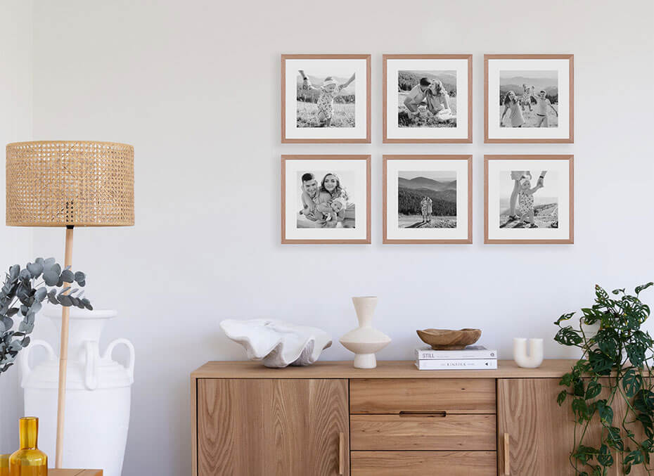 Grid of 6 Photo Gallery Wall in living room above console