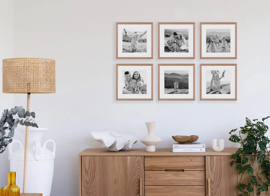 Grid of 6 Photo Gallery Wall in living room above console