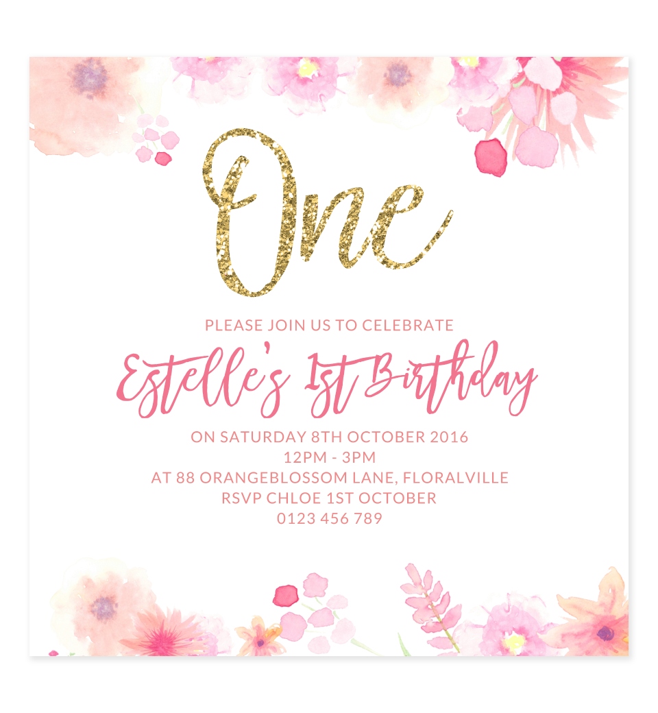 Sweet Florals 1st Birthday Invitation Love JK