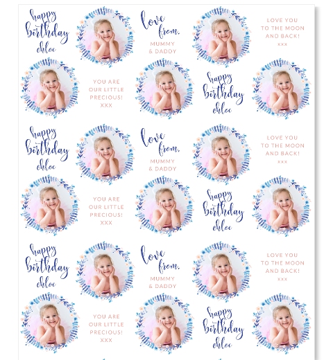 Blue Wreath Birthday Photo Wrapping Paper