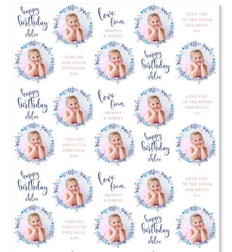 Blue Wreath Birthday Photo Wrapping Paper